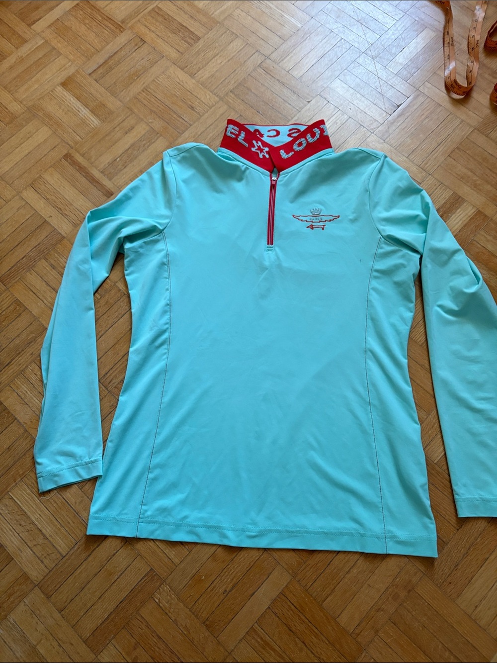 Louis Castel Aqua Zip Mock-Neck Long Sleeve Top with Red Trim